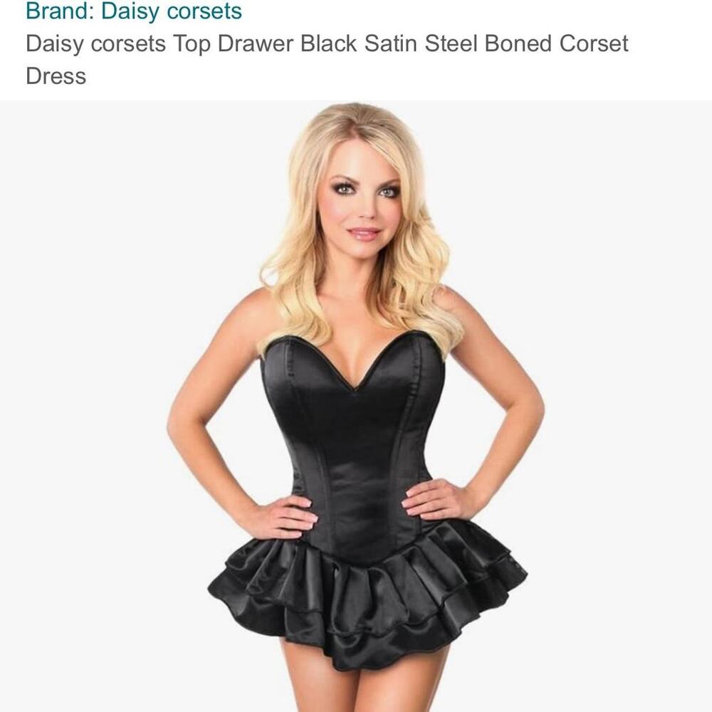 BNWT Black Corset Ruffle Dress sz L Adjustable Boned Satin Daisy Corsets - Picture 6 of 6